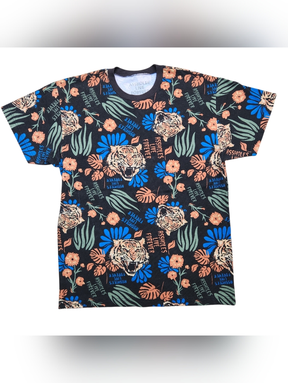 Men's Assholes Live Forever Tropical Tiger All Over Print T-shirt NWOT Size L